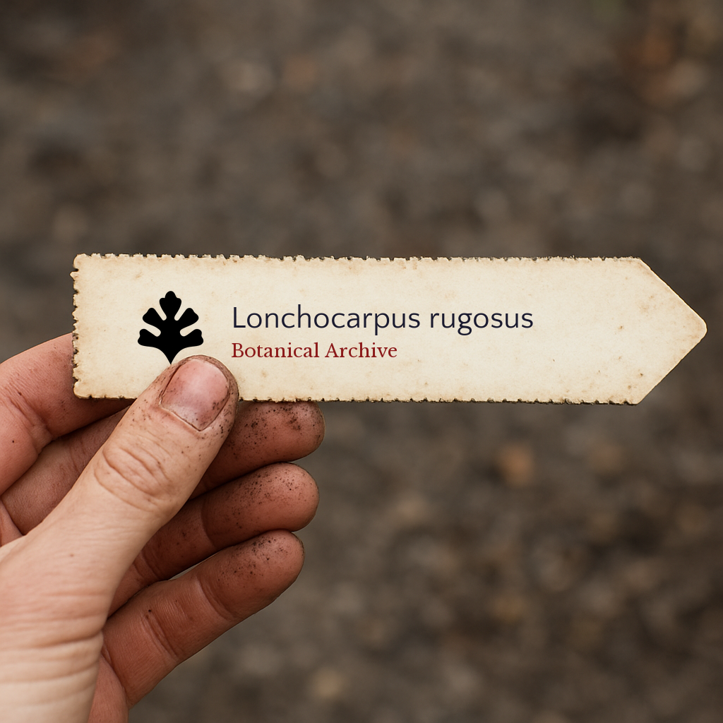 Printed plant label for Lonchocarpus rugosus held by dirty hand outdoors
