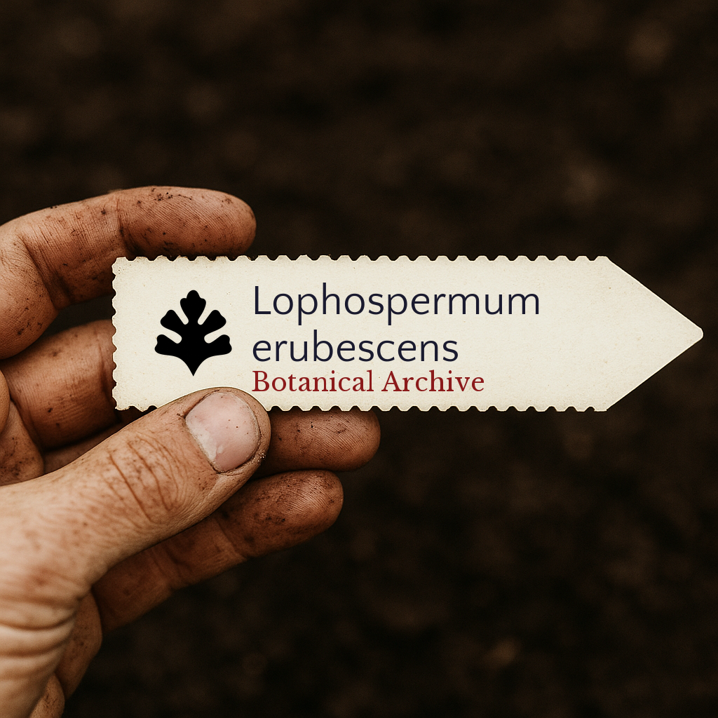Etichetta stampata per pianta di Lophospermum erubescens tenuta da mano sporca su sfondo di terreno