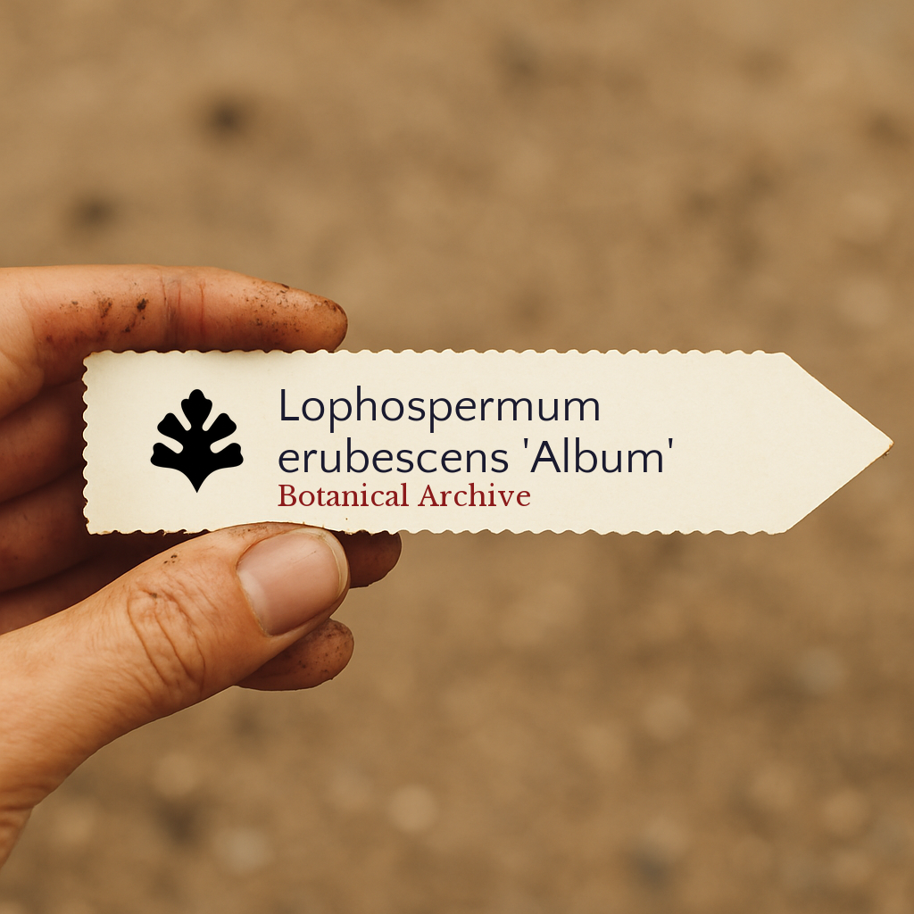 Etichetta stampata per pianta di Lophospermum erubescens 'Album' tenuta a mano con sfondo di terreno