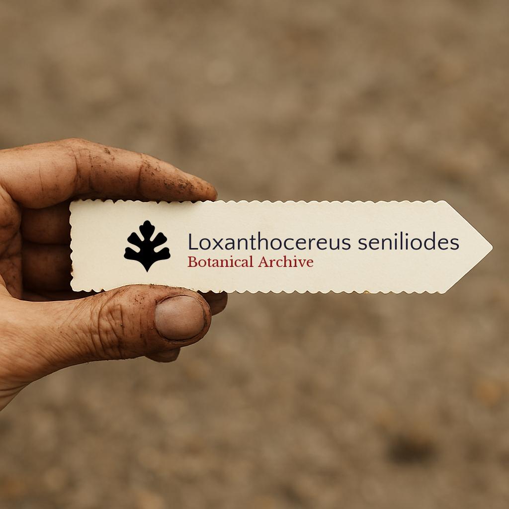 Etichetta stampata per pianta di Loxanthocereus seniliodes tenuta da una mano sporca all'aperto