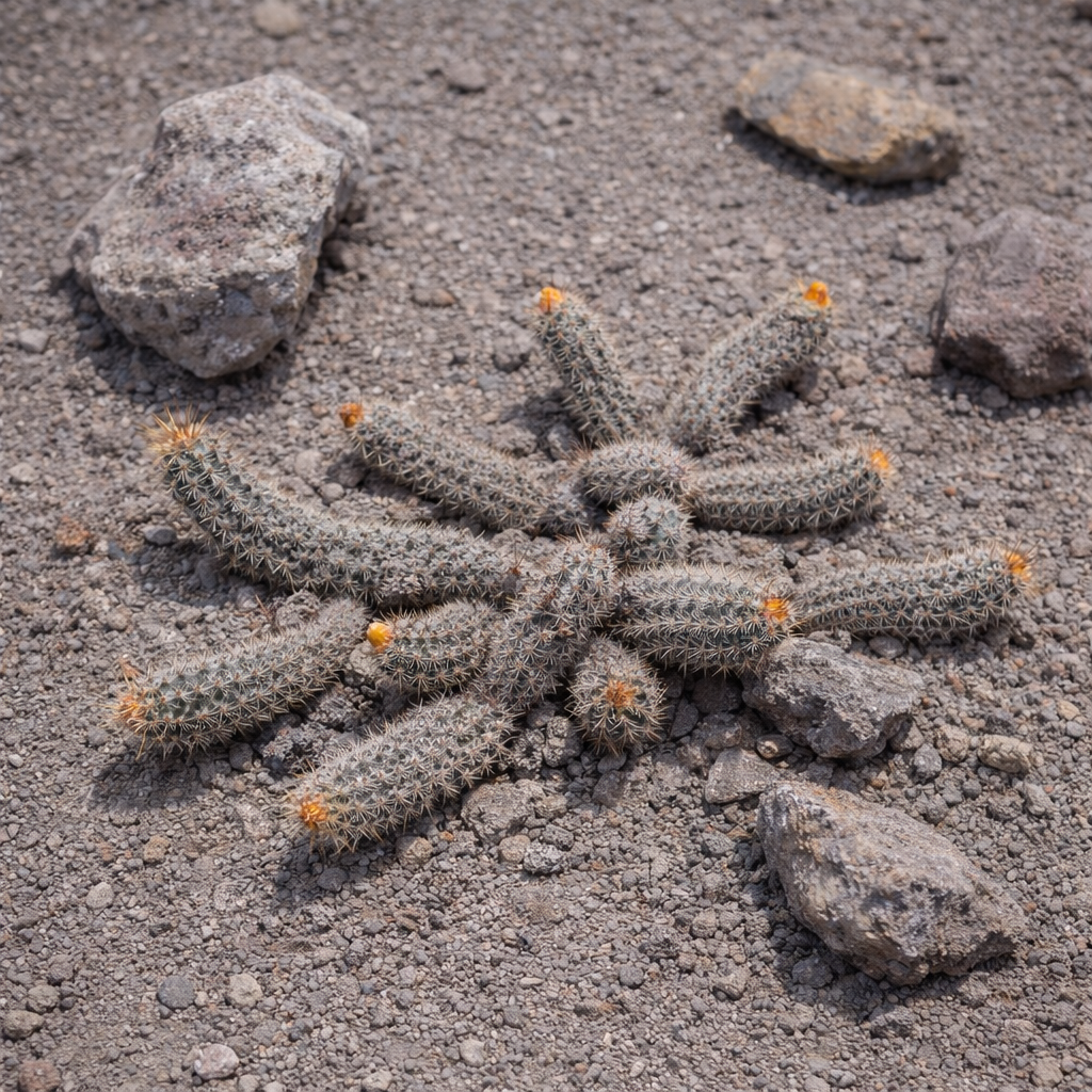 Loxanthocereus eulalianus raro piccolo cactus con spine dalle punte arancioni su terreno roccioso