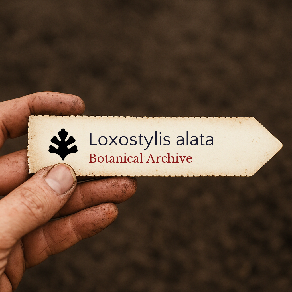 Etichetta stampata per pianta di Loxostylis alata tenuta da un giardiniere con mani coperte di terra