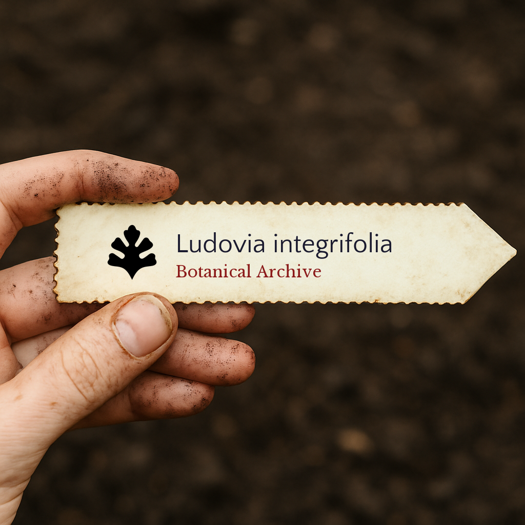 Etichetta per pianta stampata per Ludovia integrifolia con logo Botanical Archive su sfondo di terreno