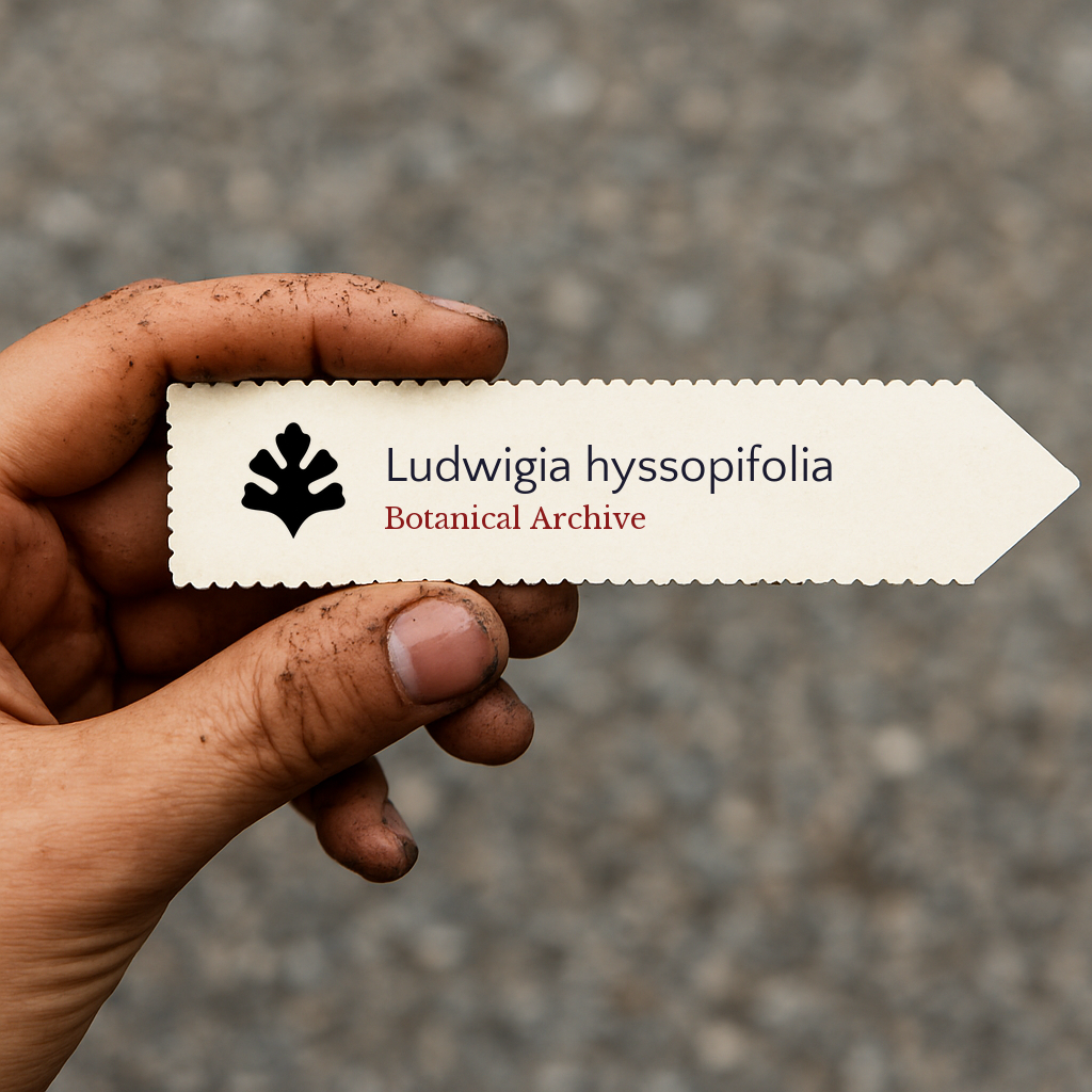 Printed plant label for Ludwigia hyssopifolia held by dirty hand on blurred background