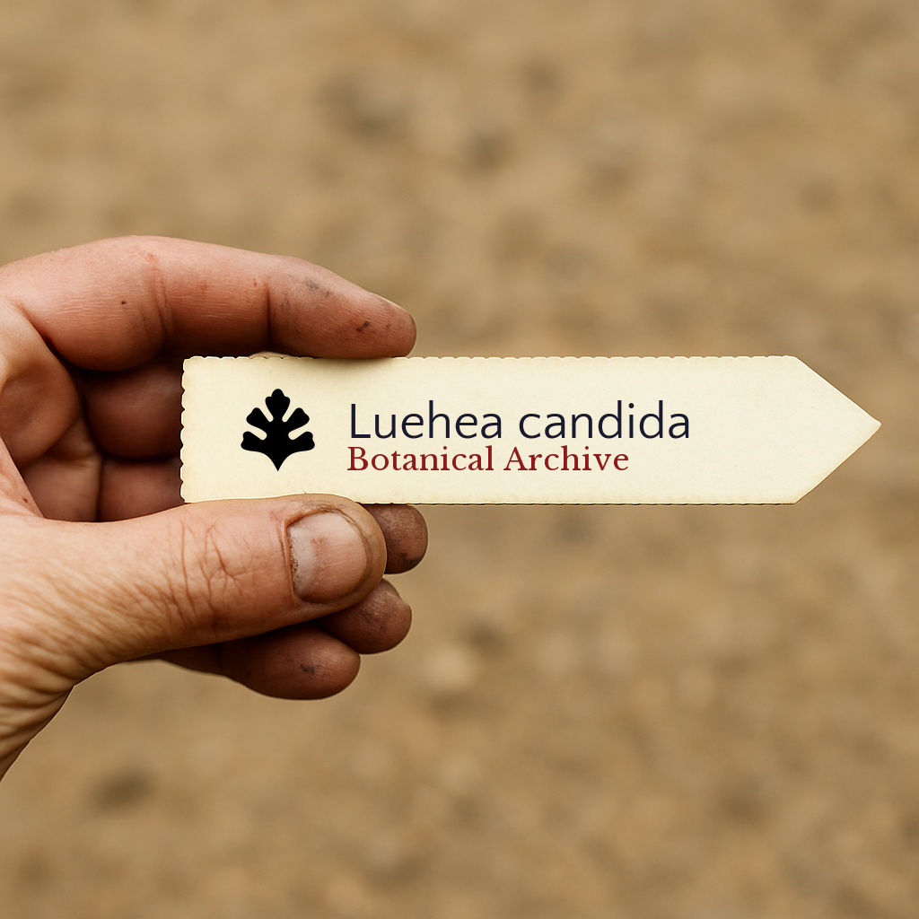 Printed plant label for Luehea candida held by hand with blurred soil background