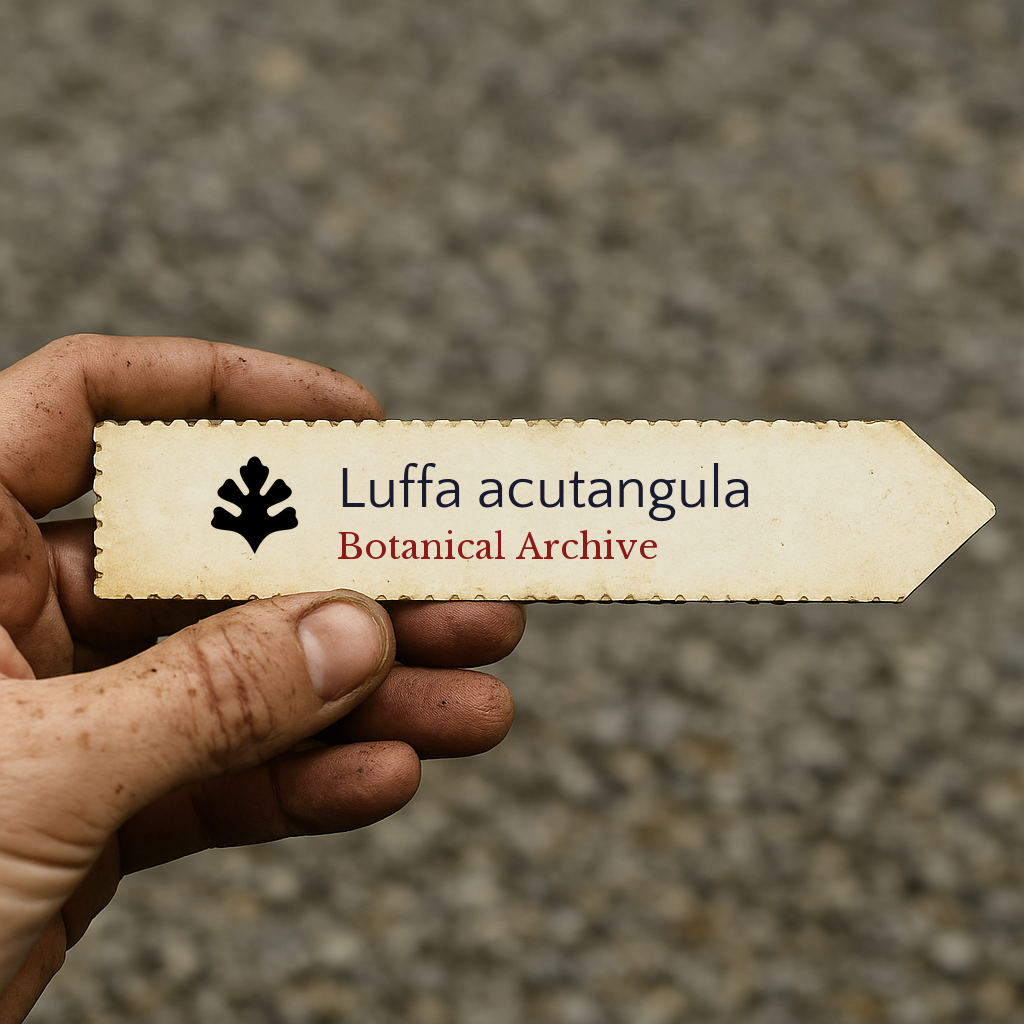 Printed plant label for Luffa acutangula held by hand with dirt background