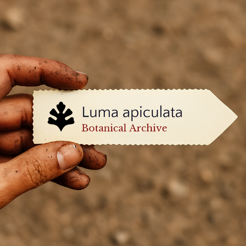 Printed plant label for Luma apiculata held by dirty hand over soil background