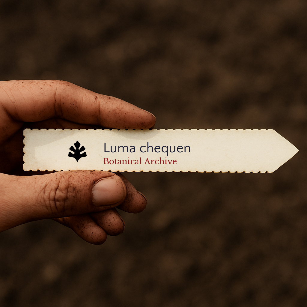 Etichetta per pianta di Luma chequen tenuta in mano con sfondo di terra