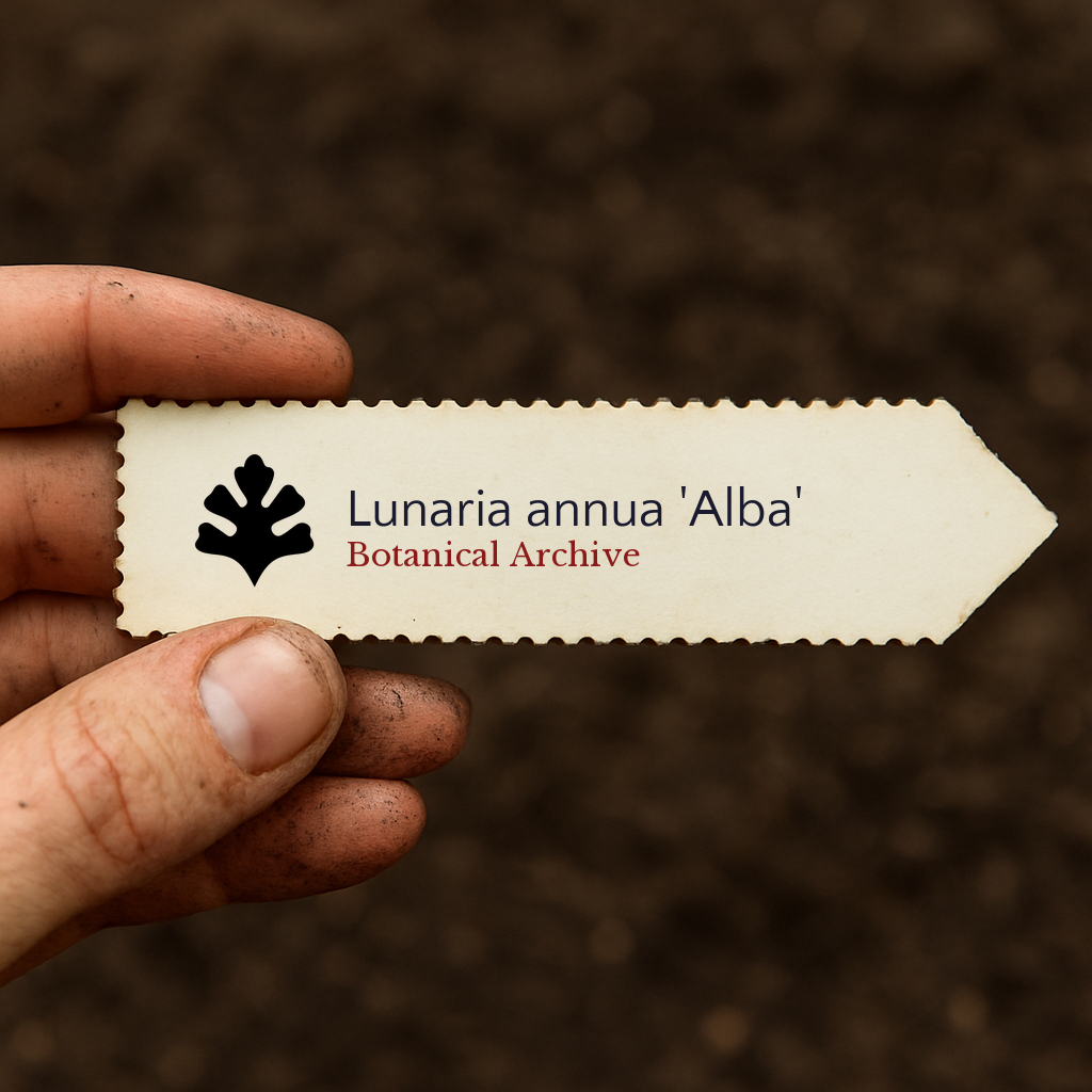 Printed plant label for Lunaria annua 'Alba' held by dirty hand over soil background