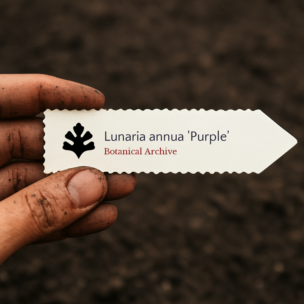 Printed plant label for Lunaria annua 'Purple' held over soil with dirty hand