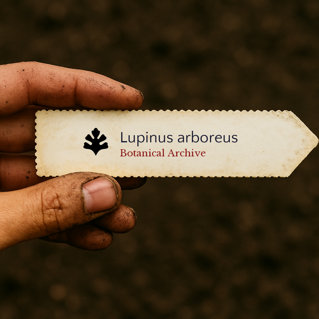 Printed plant label for Lupinus arboreus held by dirty hand over soil background
