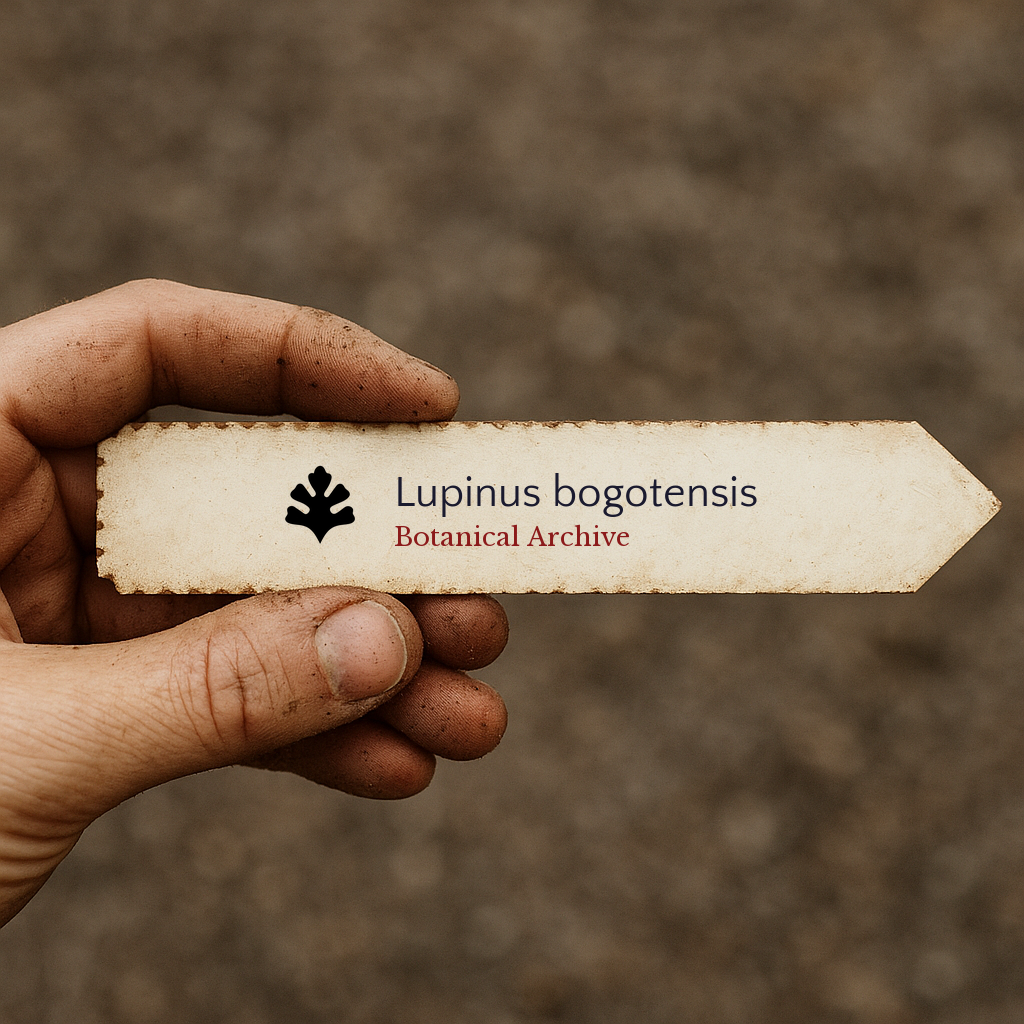 Printed plant label for Lupinus bogotensis held by hand with soil background