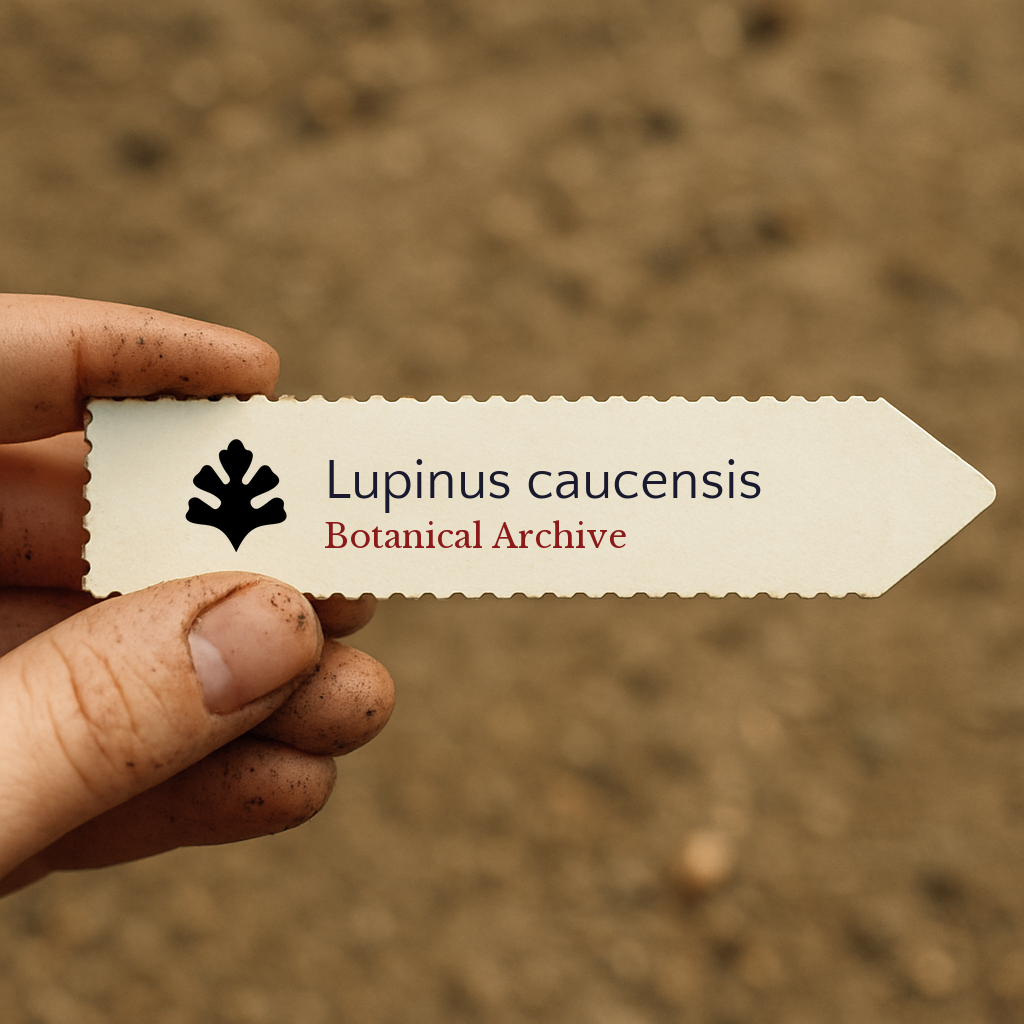 Printed plant label for Lupinus caucensis held by hand with soil background
