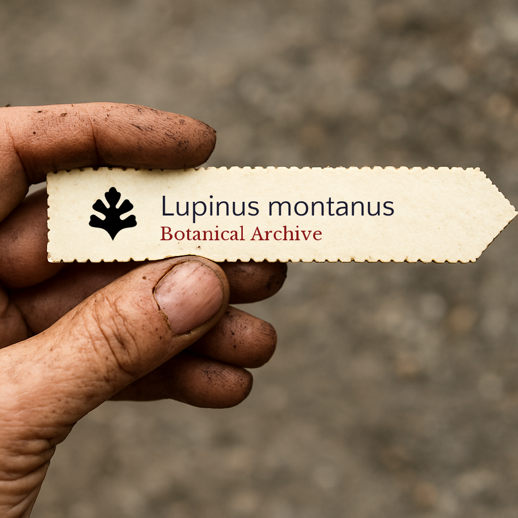 Etiqueta per pianta stampata per Lupinus montanus tenuta da una mano sporca di terra all'aperto