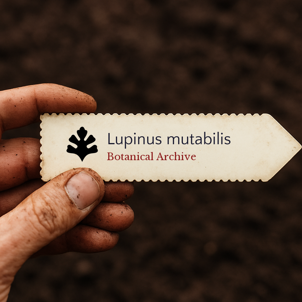 Etichetta per pianta stampata di Lupinus mutabilis tenuta a mano su sfondo di terreno