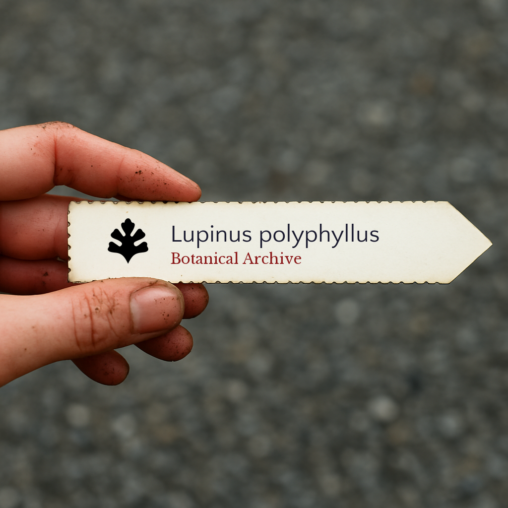 Printed plant label for Lupinus polyphyllus held by hand with dirt on fingers