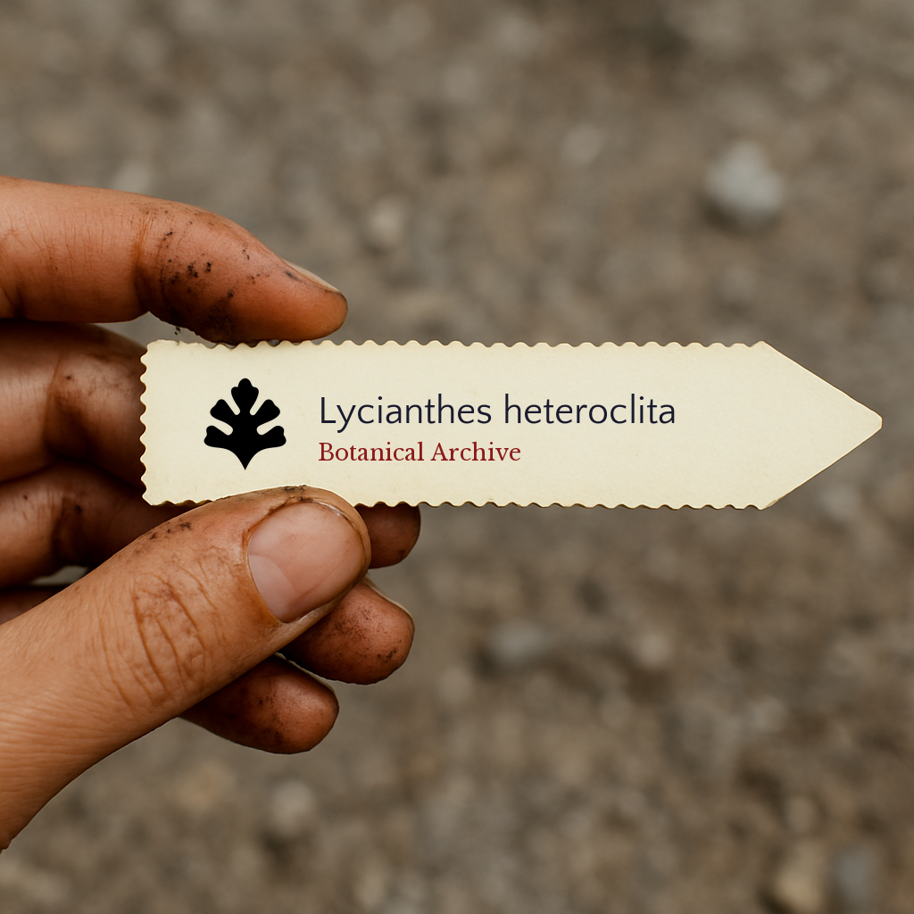 Etichetta stampata della pianta per Lycianthes heteroclita tenuta da mano sporca su sfondo di terreno