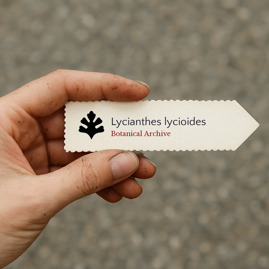 Etichetta stampata per pianta di Lycianthes lycioides tenuta in mano con terra sulle dita