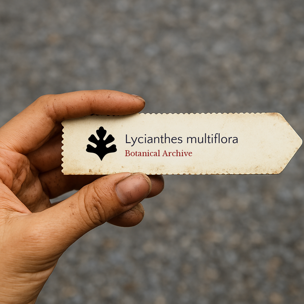 Etichetta per piante stampata per Lycianthes multiflora tenuta in mano con sfondo di terra