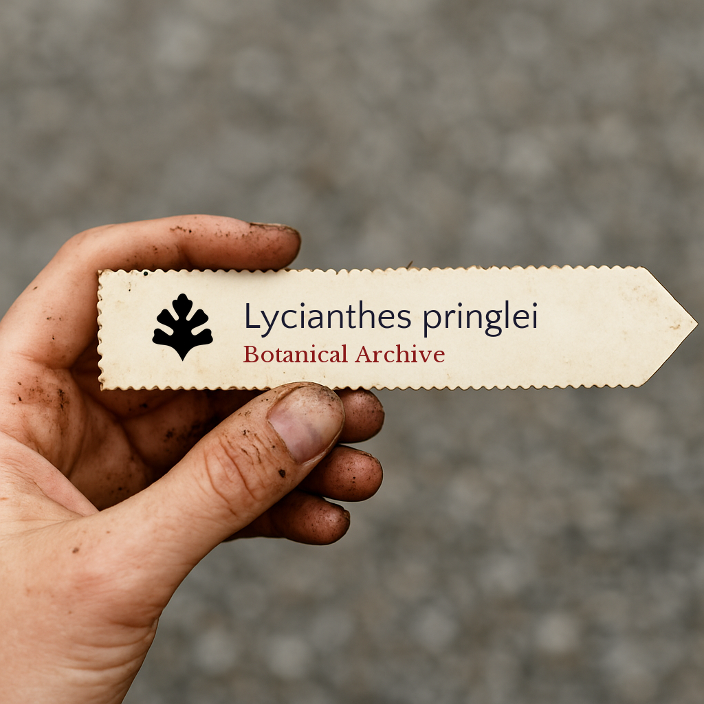 Printed plant label for Lycianthes pringlei held by a gardener with soil-stained fingers