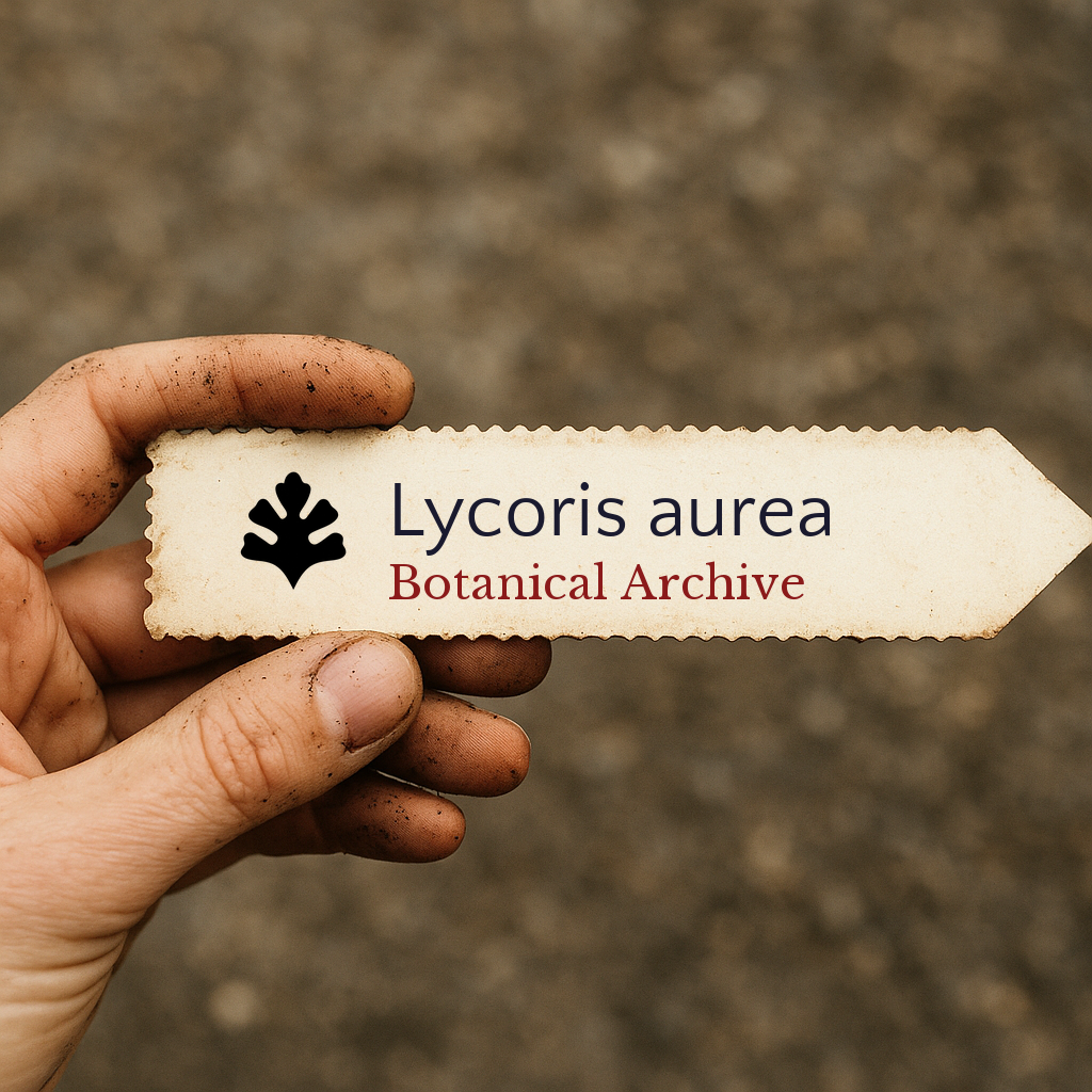 Printed plant label for Lycoris aurea held by dirty hand outdoors
