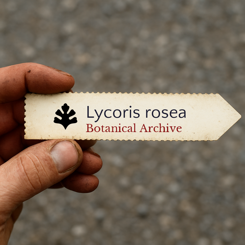Etichetta per pianta stampata per Lycoris rosea tenuta a mano con logo Botanical Archive