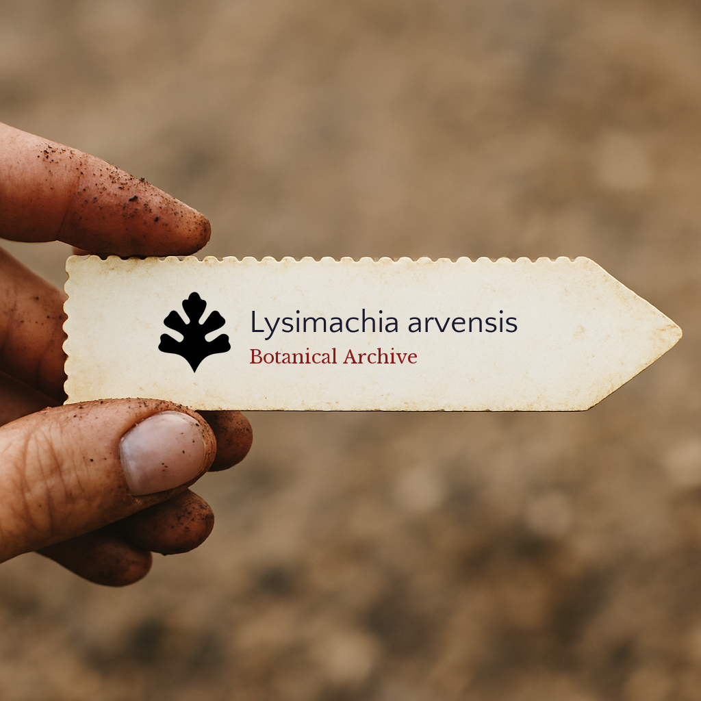 Etichetta stampata per pianta di Lysimachia arvensis tenuta da una mano sporca con sfondo di terreno