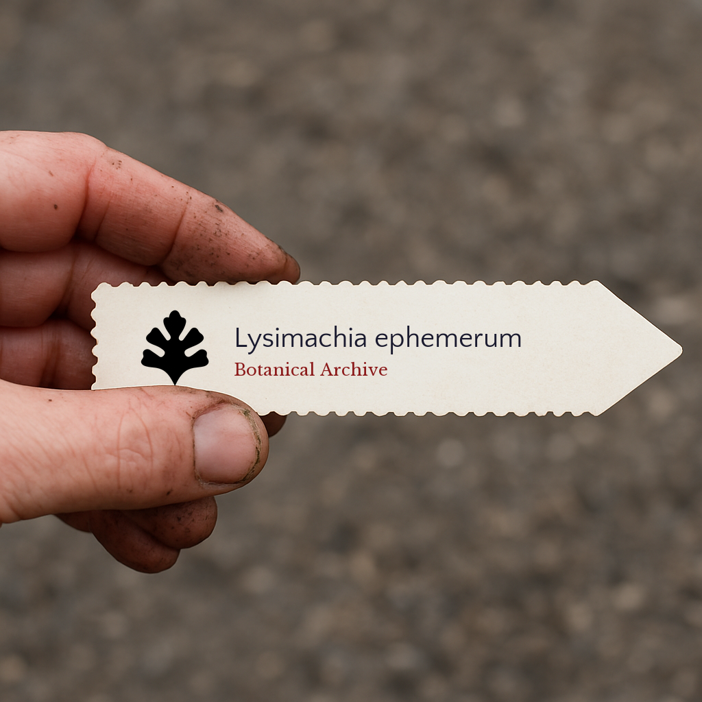 Etichetta per pianta stampata per Lysimachia ephemerum tenuta a mano con sfondo di terra