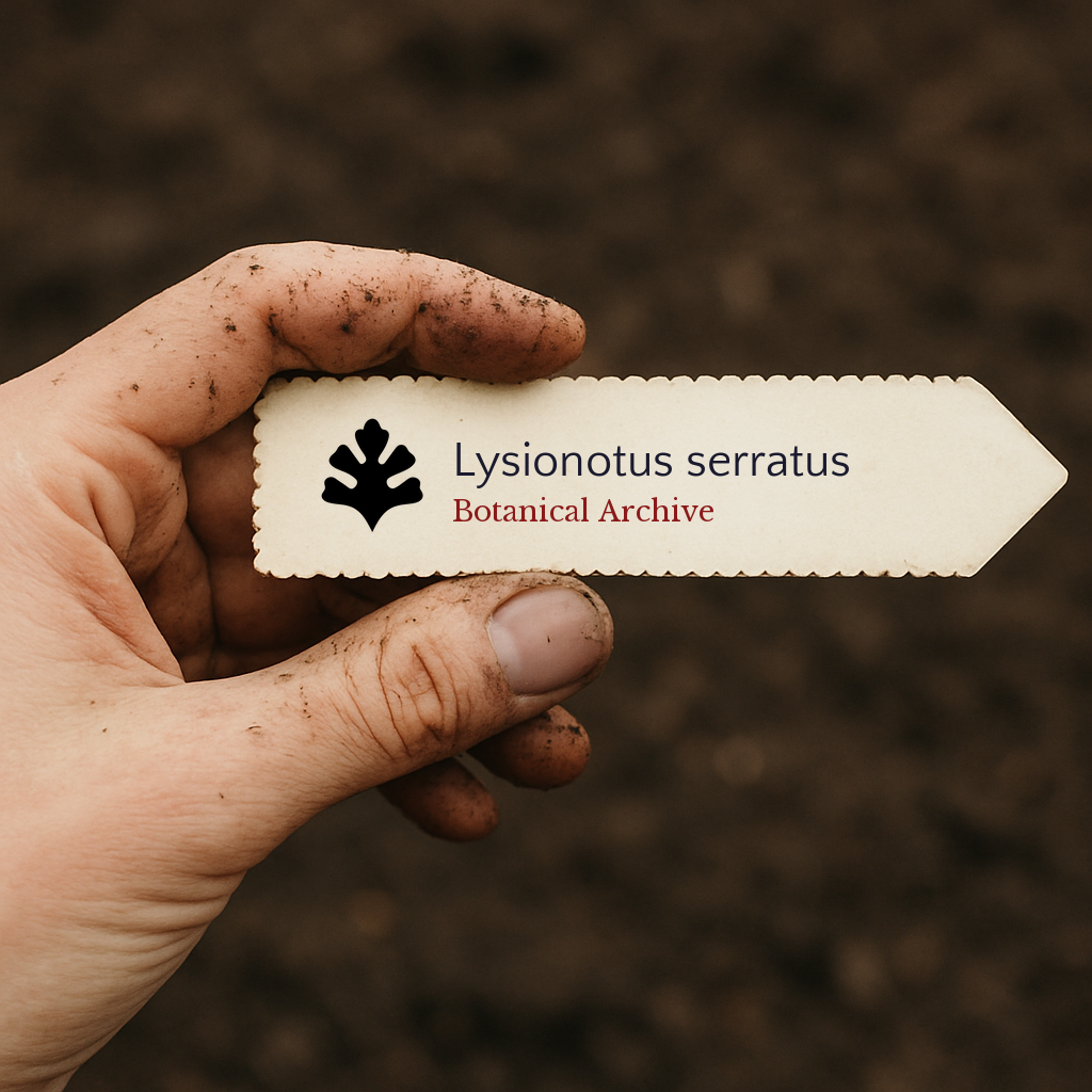 Etichetta per pianta di Lysionotus serratus con il logo di Botanical Archive tenuta in mano sporca