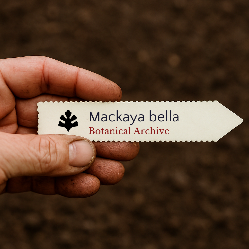 Etichetta per pianta stampata per Mackaya bella con il logo Botanical Archive tenuta a mano