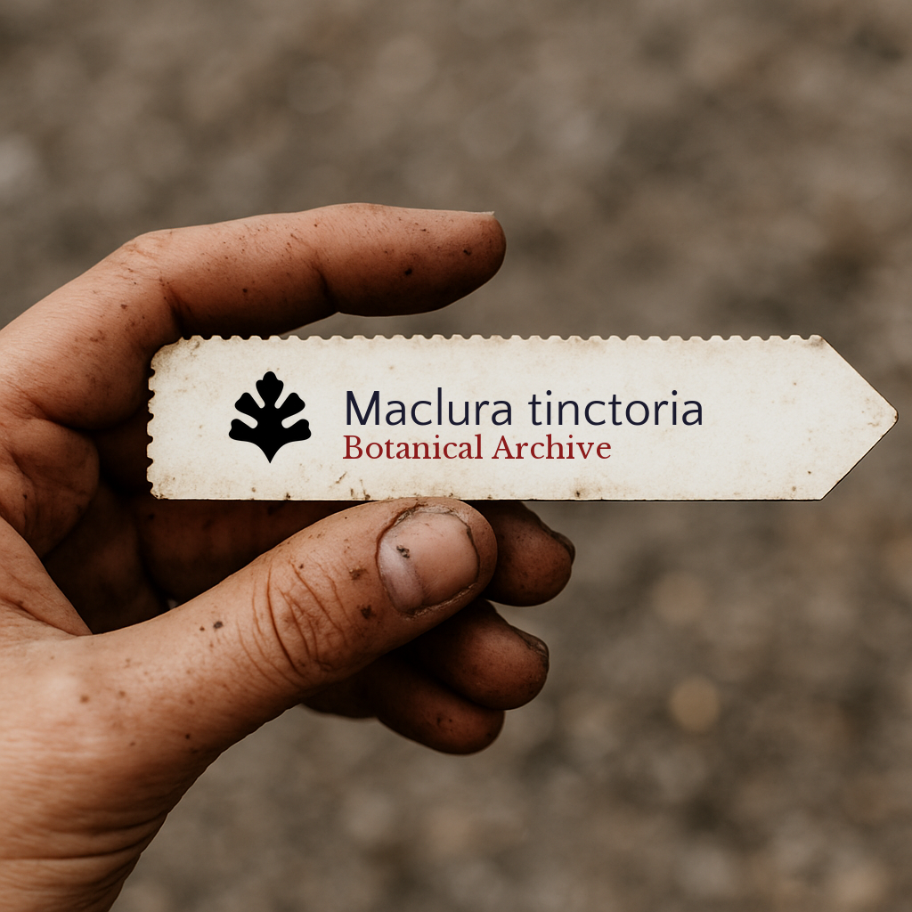 Printed plant label for Maclura tinctoria held by a dirty hand outdoors