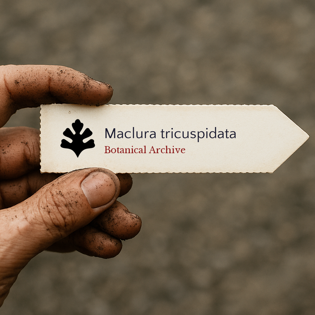 Etichetta per pianta stampata per Maclura tricuspidata tenuta da mano sporca all'aperto