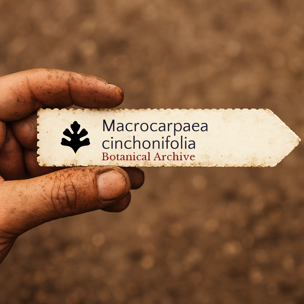 Printed plant label for Macrocarpaea cinchonifolia held by dirty hand with soil background