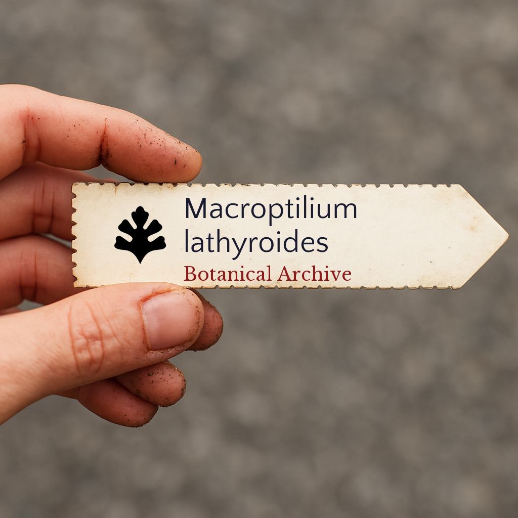 Etichetta per pianta stampata di Macroptilium lathyroides tenuta a mano con dita macchiate di terra