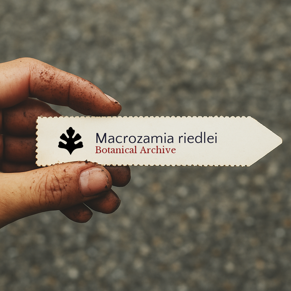 Printed plant label for Macrozamia riedlei held by dirty hand on blurred background