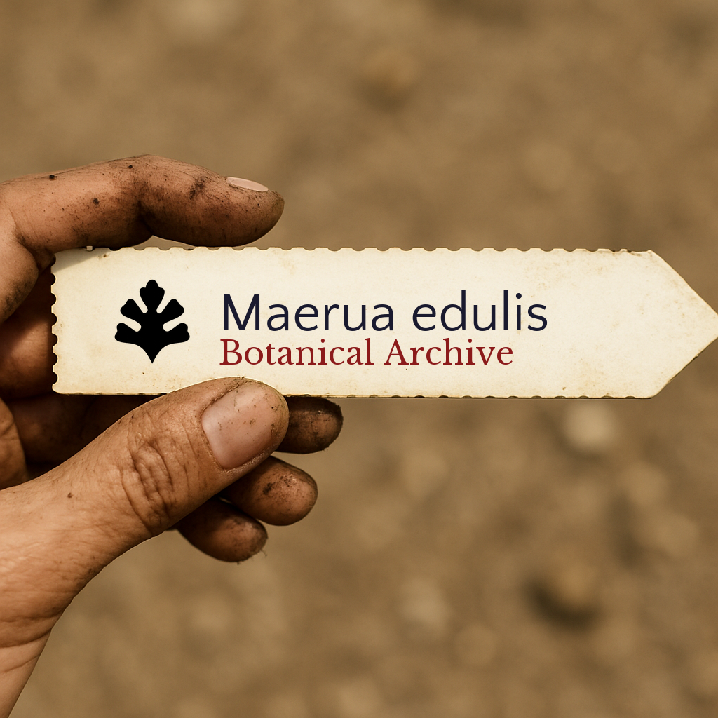 Etichetta vegetale stampata per Maerua edulis tenuta da mano sporca con sfondo di terreno