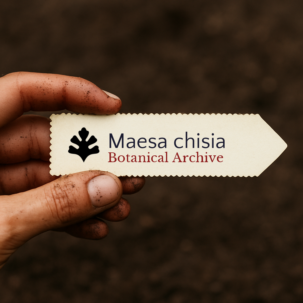 Printed plant label for Maesa chisia held by hand with soil background