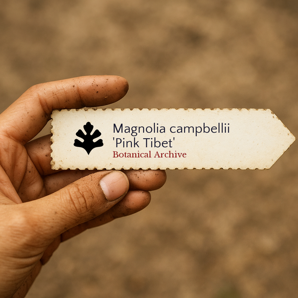Printed plant label for Magnolia campbellii 'Pink Tibet' held in hand with soil background