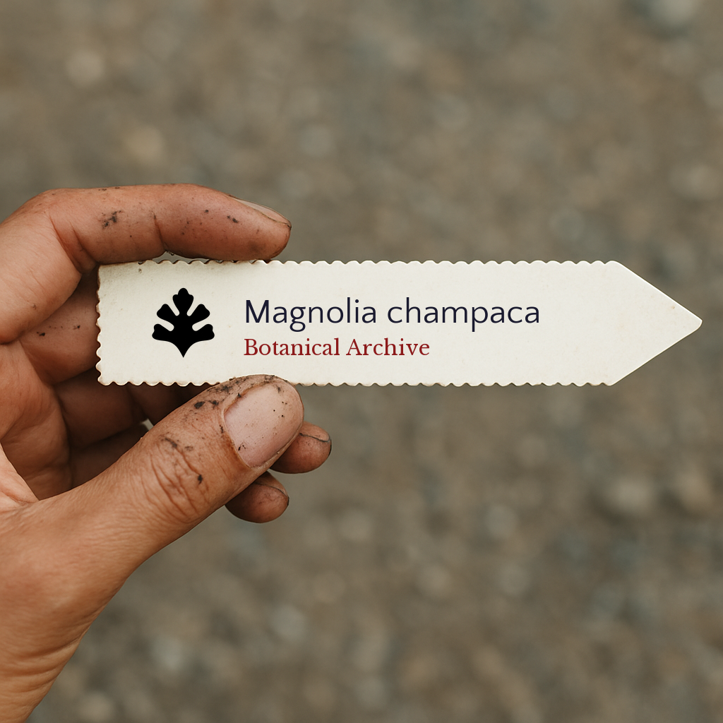 Etichetta per pianta stampata per Magnolia champaca tenuta a mano da dita sporche di terra