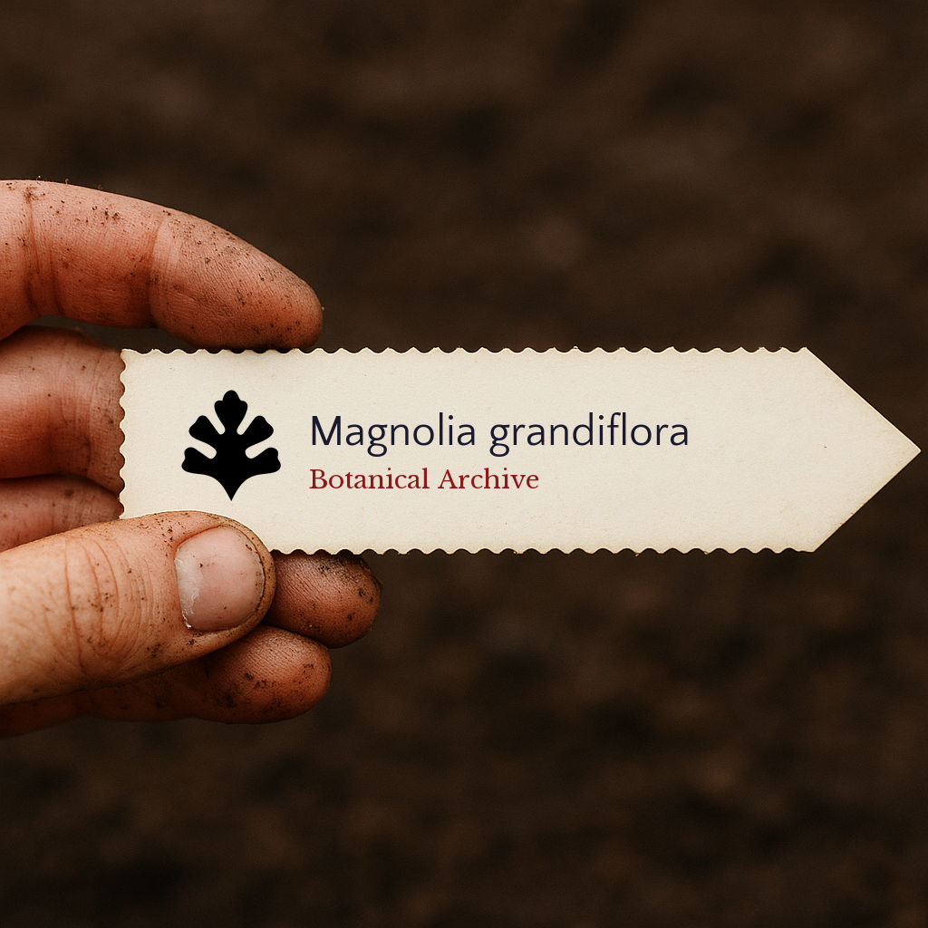 Printed plant label for Magnolia grandiflora held by dirty hand over soil background