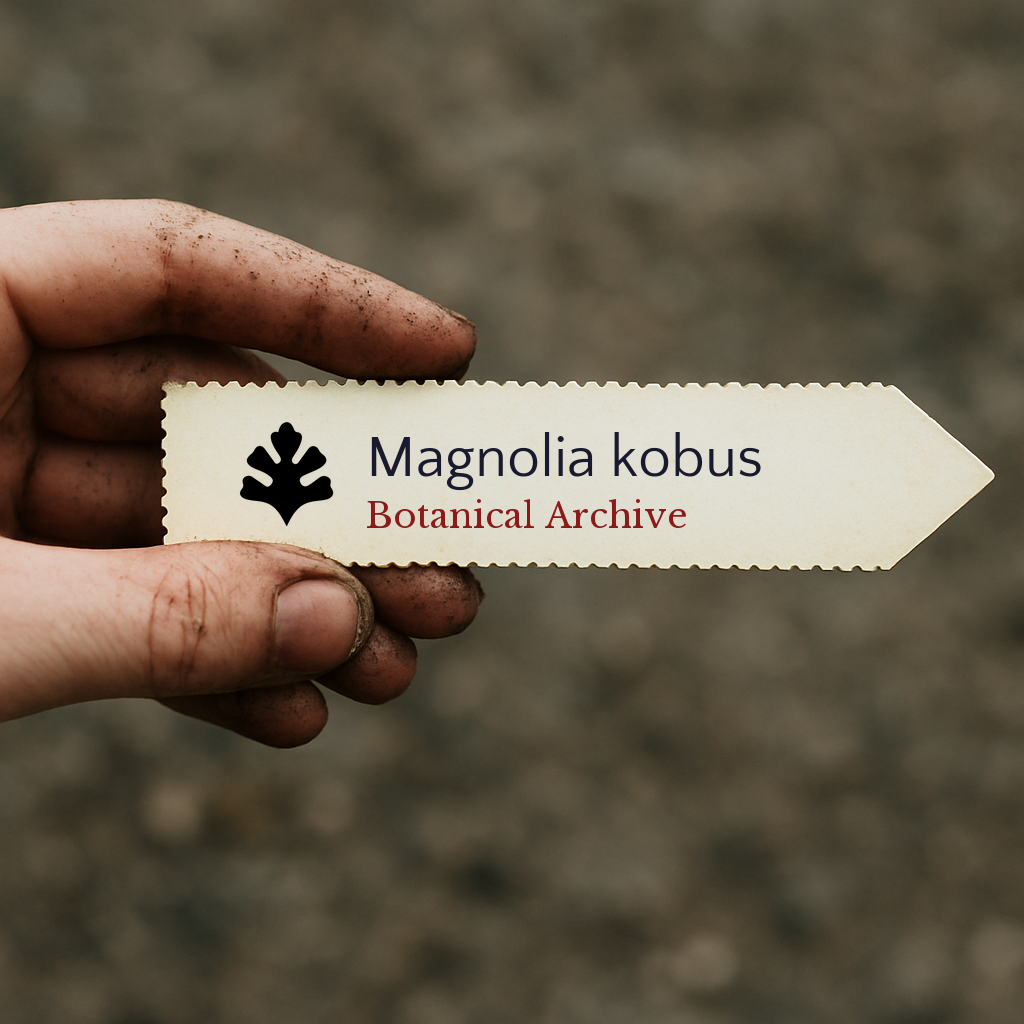 Printed plant label for Magnolia kobus held by dirty hand outdoors