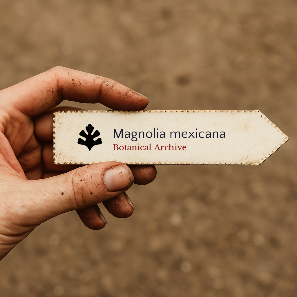 Printed plant label for Magnolia mexicana held by dirty hand with soil background