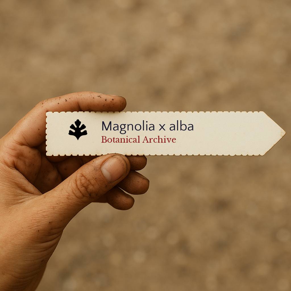 Printed plant label for Magnolia x alba held by dirty hand with blurred background