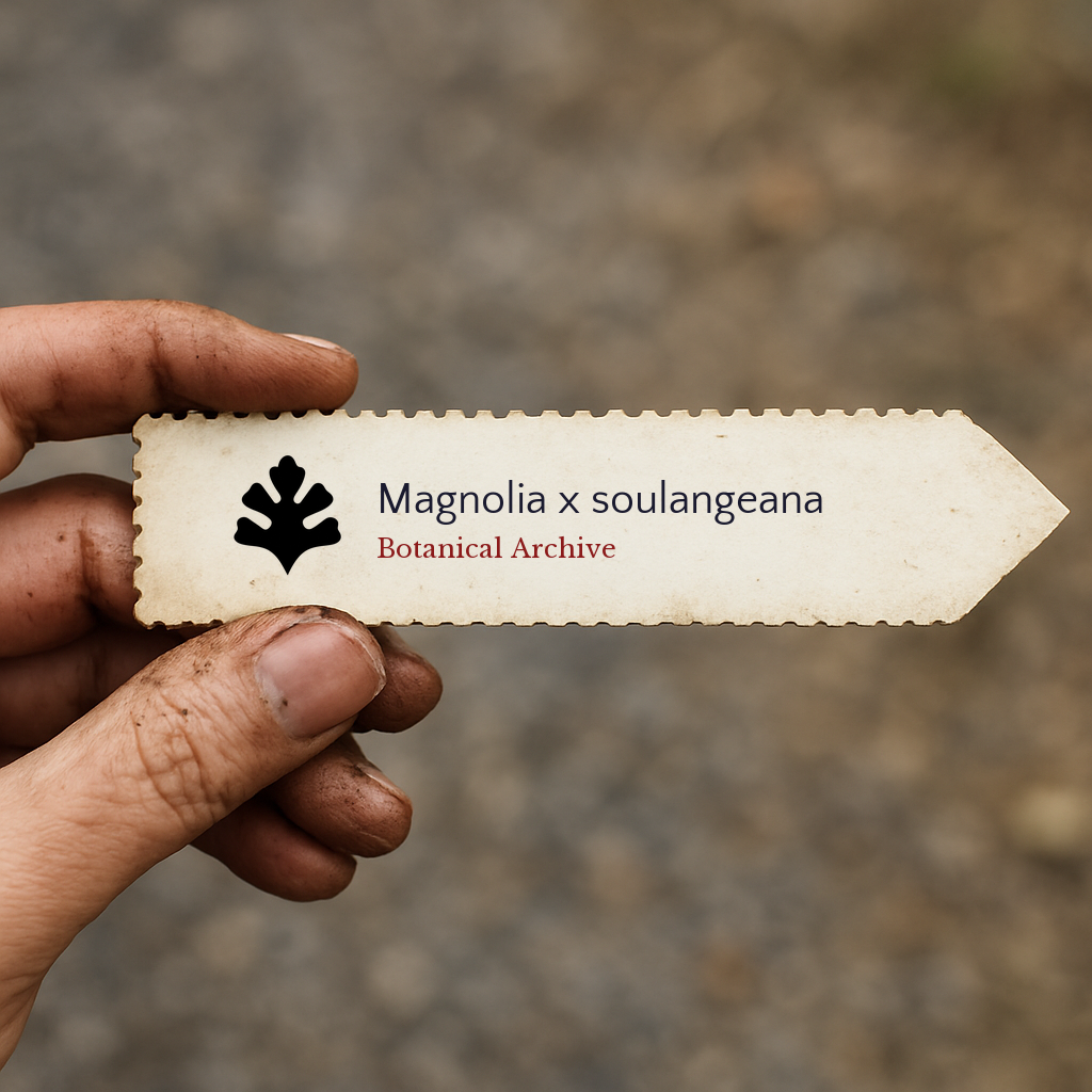 Etichetta stampata per pianta di Magnolia x soulangeana tenuta a mano con sfondo di terra