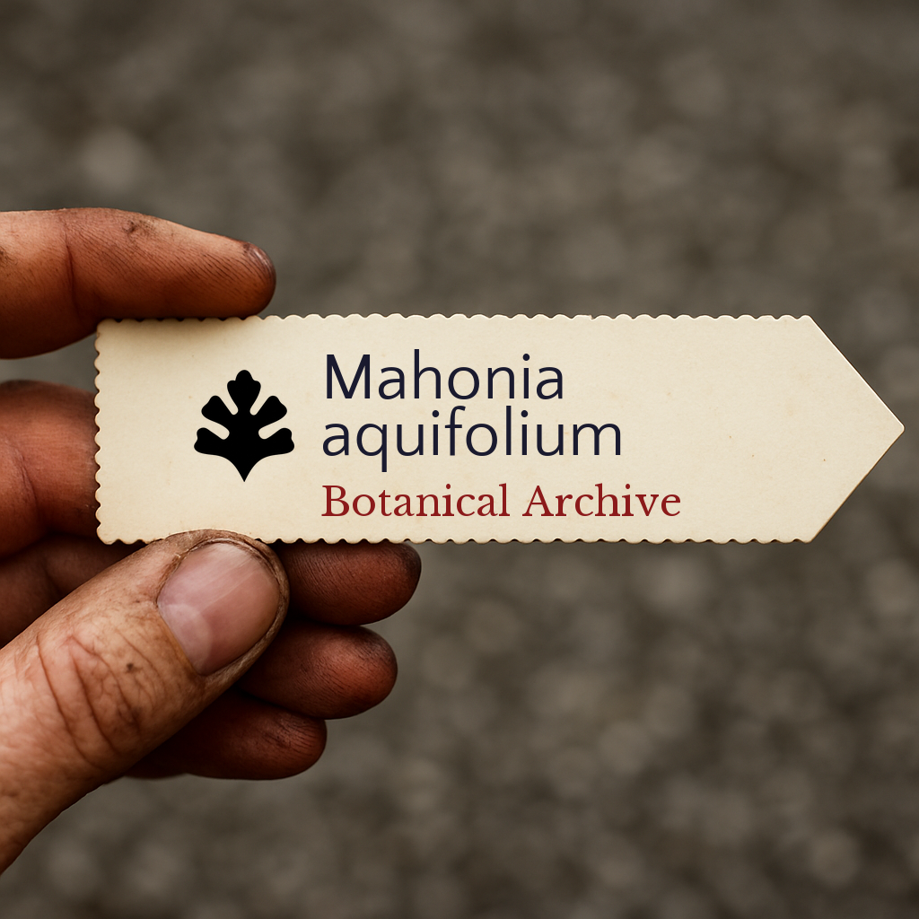Printed plant label for Mahonia aquifolium with botanical archive text held in hand