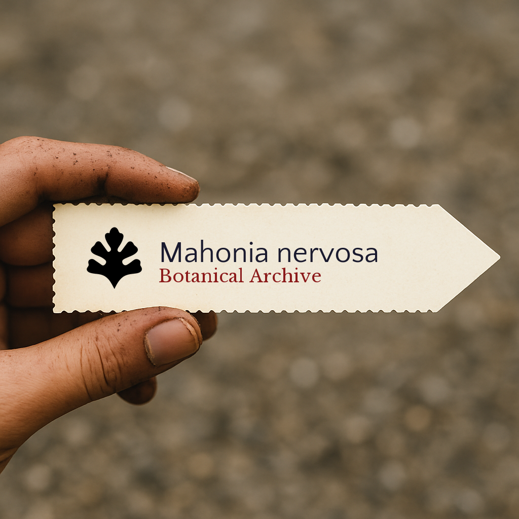 Etichetta per pianta stampata per Mahonia nervosa con logo Botanical Archive tenuta a mano