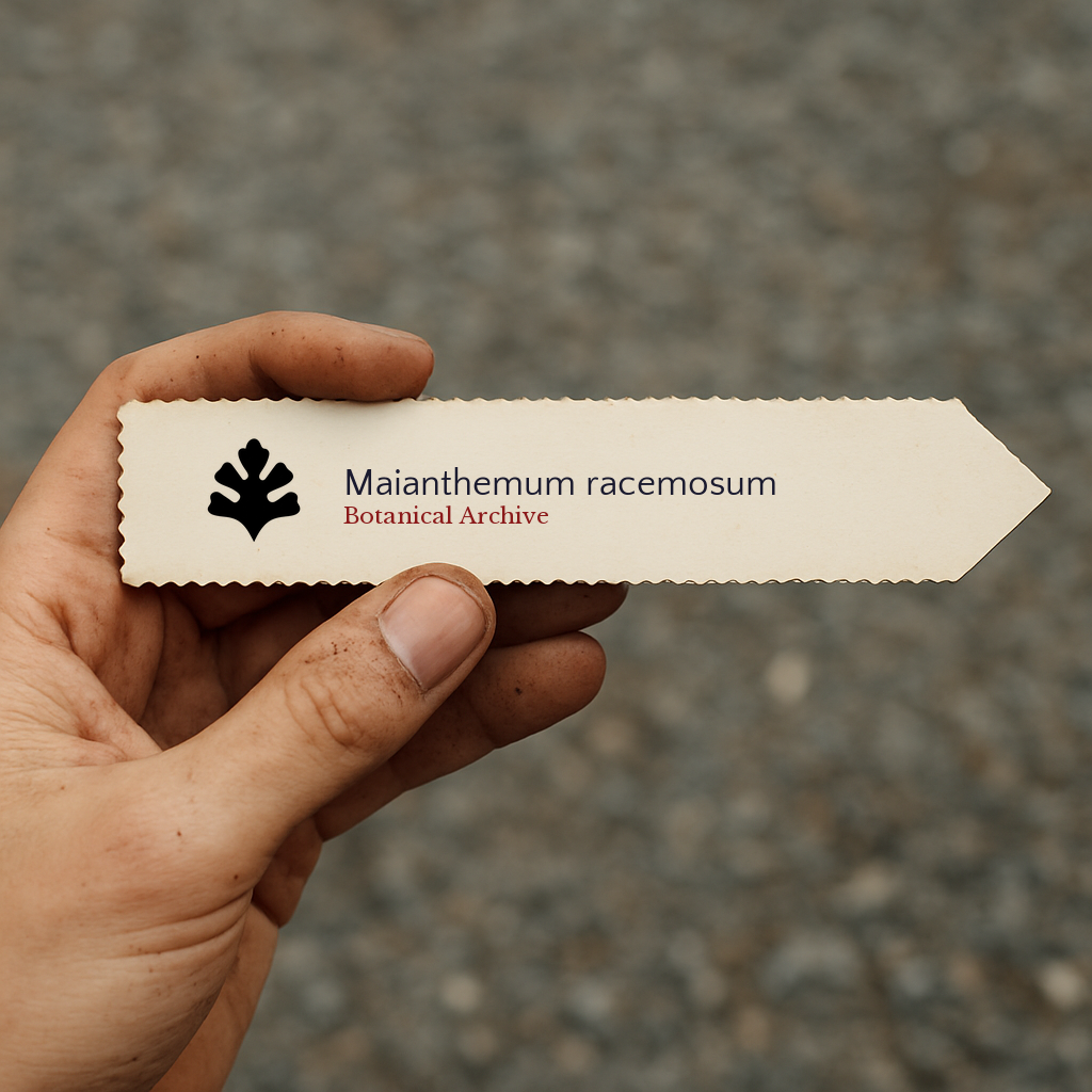 Printed plant label for Maianthemum racemosum held in hand with gravel background
