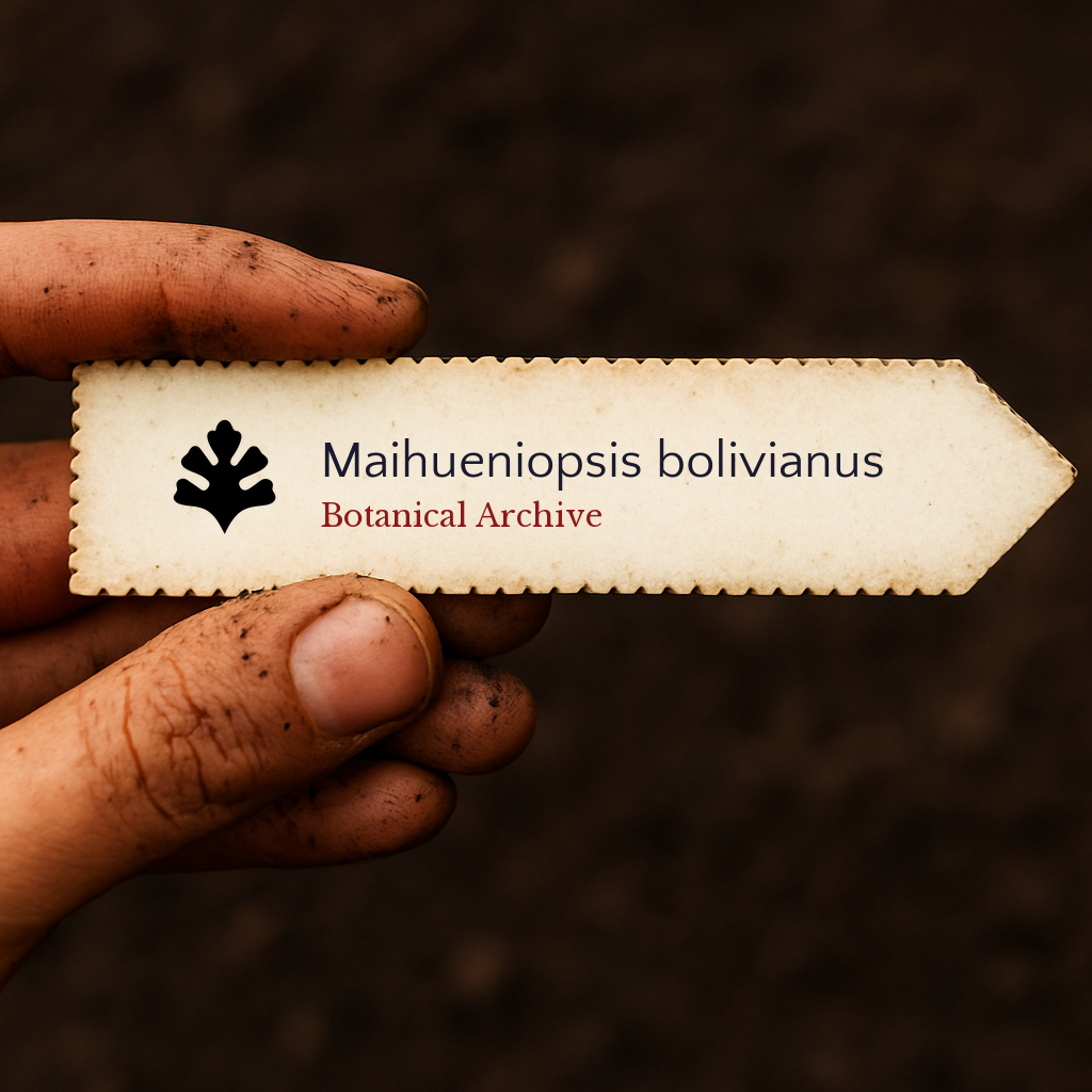 Printed plant label for Maihueniopsis bolivianus held by dirty hand over soil background