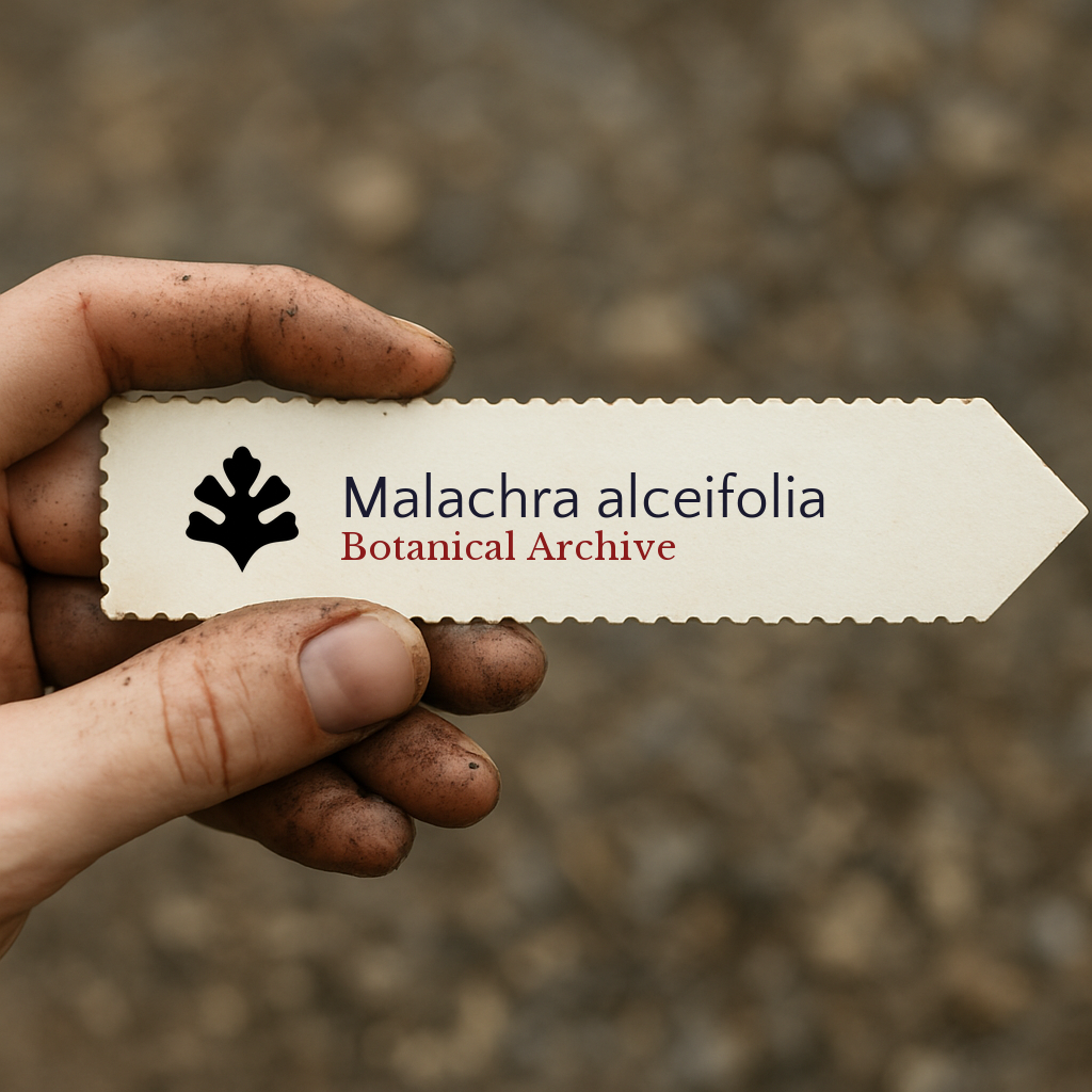 Etichetta stampata per pianta di Malachra alceifolia tenuta da mano sporca all'aperto