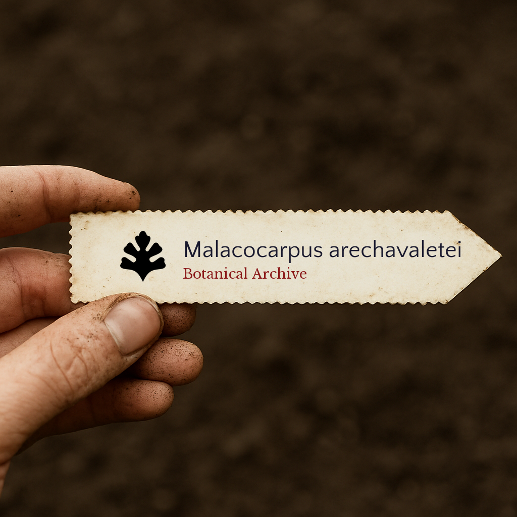 Printed plant label for Malacocarpus arechavaletei held over soil background